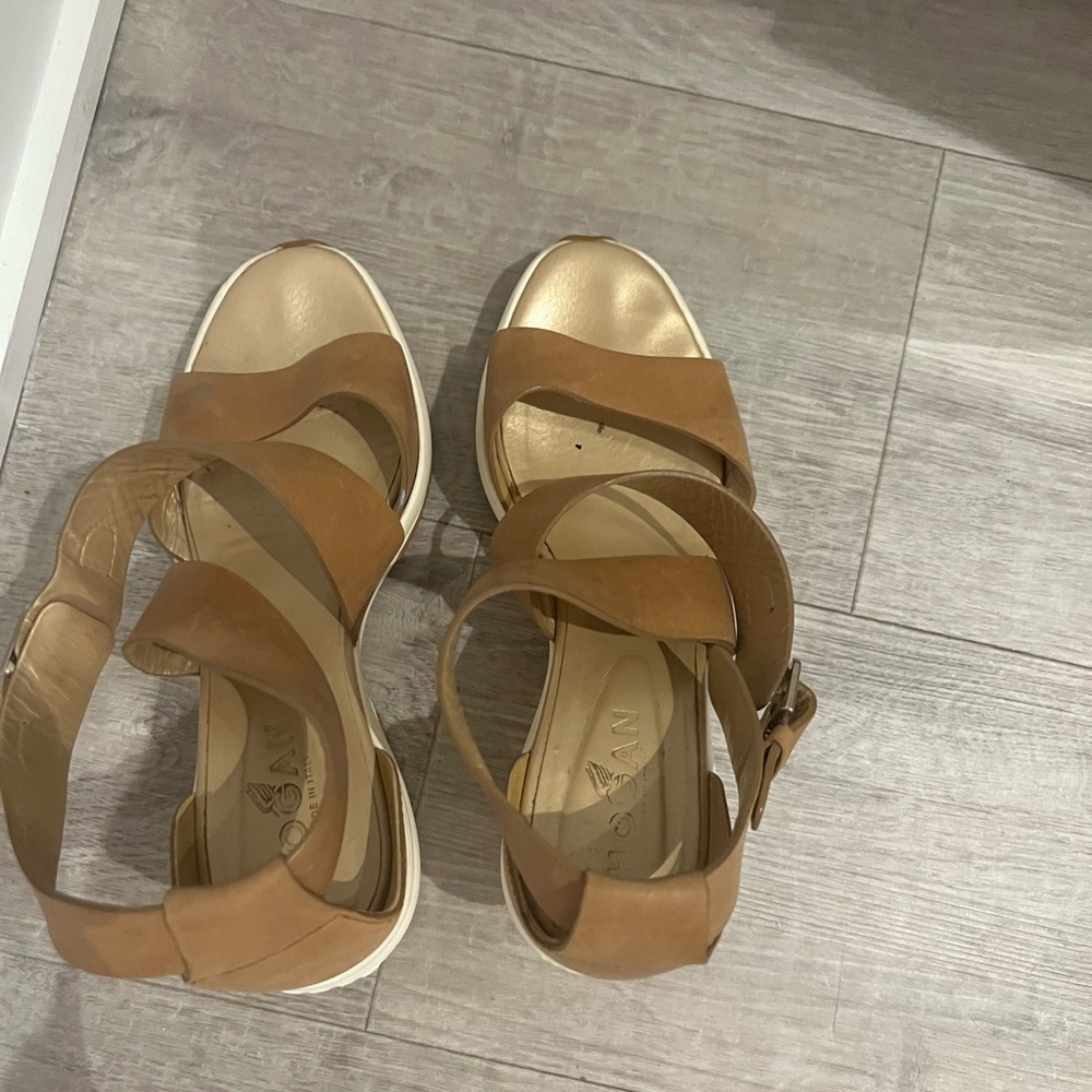 Women’s Hogan brand-wedge light brown leather strap sandals.  Size 7 1/2-  8.